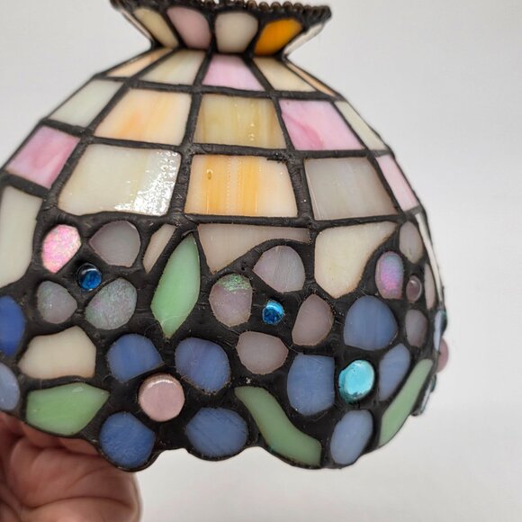 Stained Glass Mosaic Lamp Shade Multicolor Floral Pattern With Iridescent Accent - Picture 7 of 8